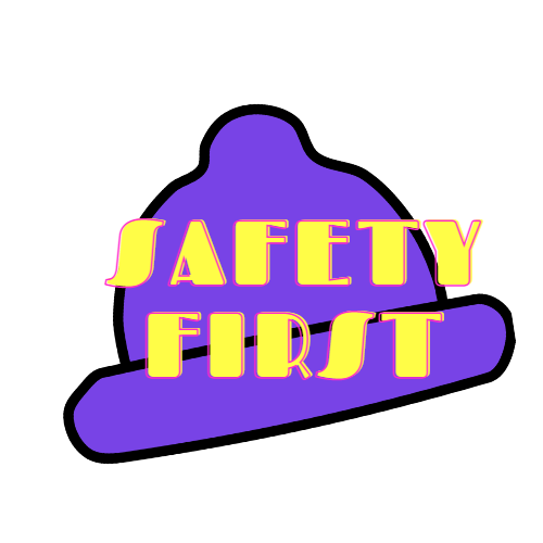 Ein Lila condom mit Safety First als Titel