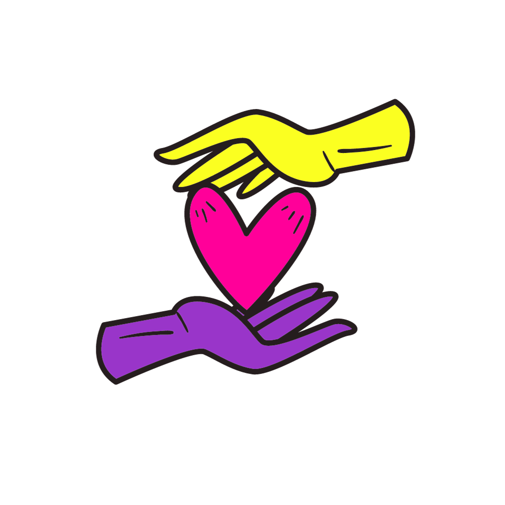 eine gelbe hand und eine lila hand halten ein pinkes herz