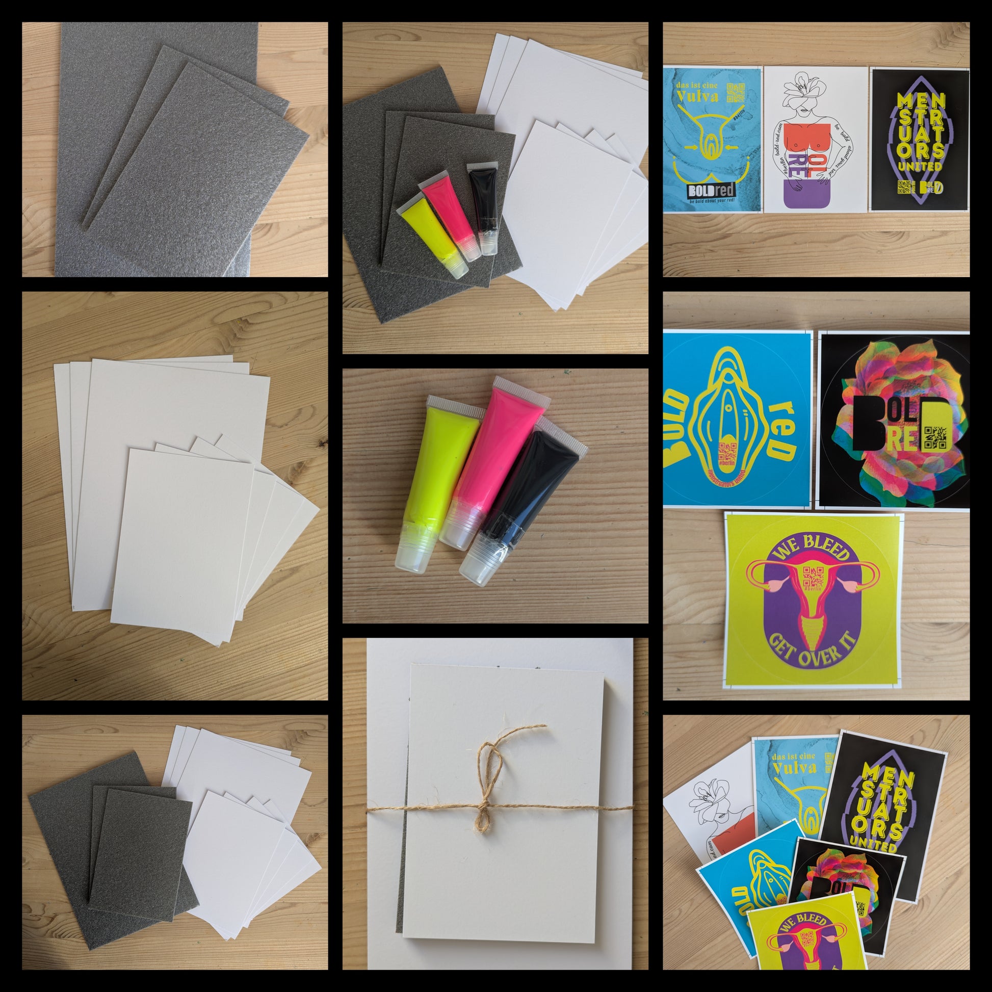 Collage of all the content in one picture of what is inside the DIY kit. Poly plates, fotocard, paint tubes, BOLDred stickers and postcards