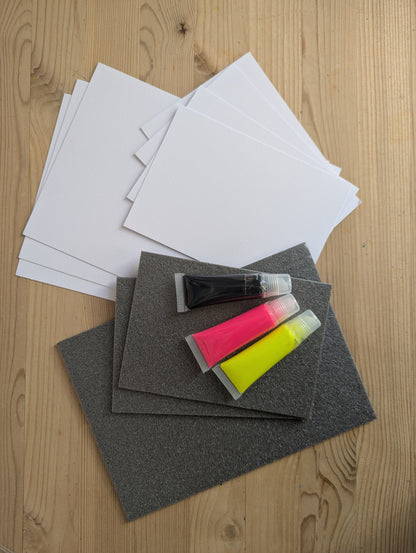 Pack of A6&A5 fotocard, polyblock plates for stencil creation and three tubes in neon pink, neon yellow and black