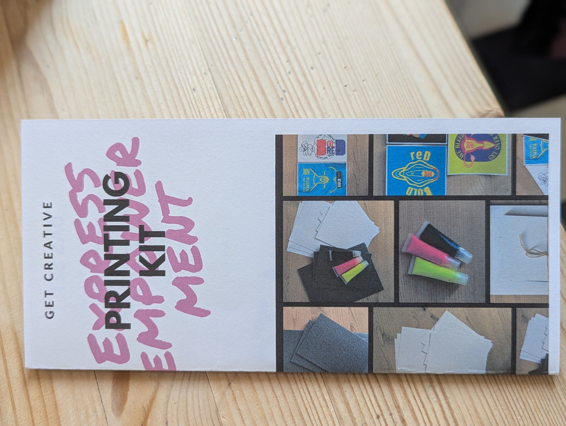 Instruction manual for the DIY kit. Printing kit and a collage of pictures depicting the content of the kit